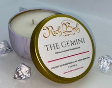 Load image into Gallery viewer, Rich Bish Candle Co's "The Gemini" 8oz luxury coconut soy wax blend hand poured candle in gorgeous marble metal tin with lid. Top fragrance notes are citrus, coconut, and sandalwood.