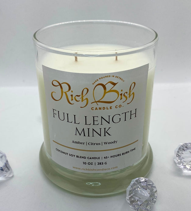 Rich Bish Candle Co hand poured 10oz coconut soy wax blend candle in glass vessel. Fragrance notes: amber, citrus, woody 
